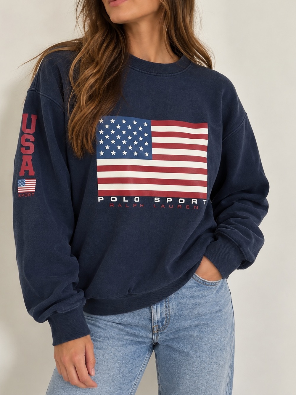 Vintage Polo Sport Ralph Lauren USA Flag Navy Sweatshirt Size L